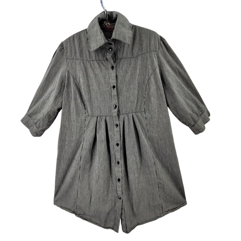 Gray Black Cotton Empire Waist Shirt Dress Puff Sleeve Classic Preppy Dark Girl